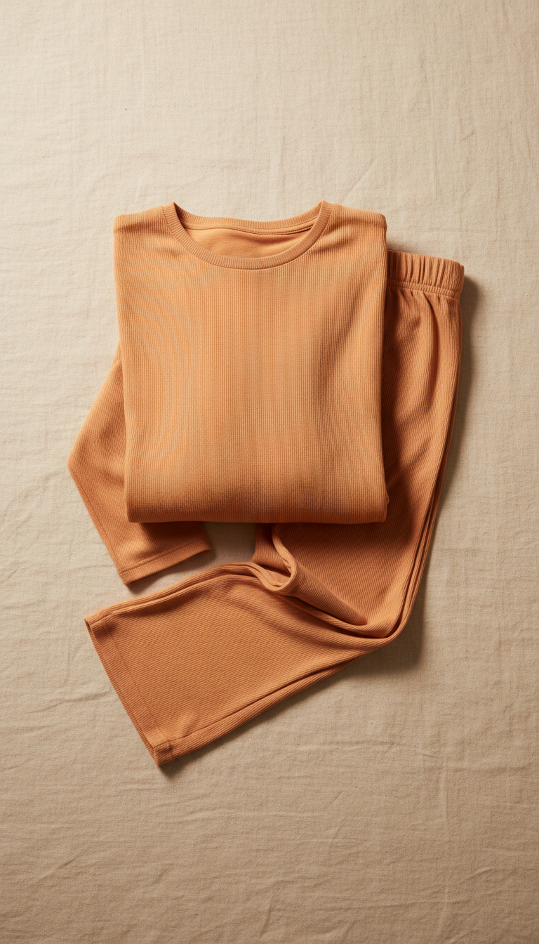 A perfectly centered image of a bamboo loungewear set displayed against a soft, neutral backdrop. The set's elegant design...