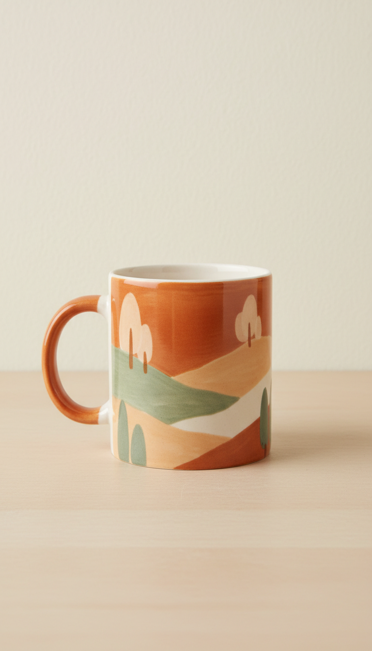 Hand-illustrated ceramic mug, Hero angle is a natural 3/4 view at table height for mugs and puzzles; prints are shot...