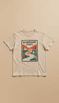 Riverside Steps graphic t-shirt, Single-shirt focus on torso-up 3/4 angle—shows graphic clearly while retaining shirt...