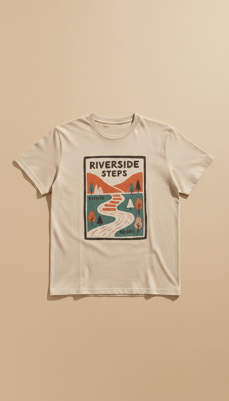 Riverside Steps graphic t-shirt, Single-shirt focus on torso-up 3/4 angle—shows graphic clearly while retaining shirt...