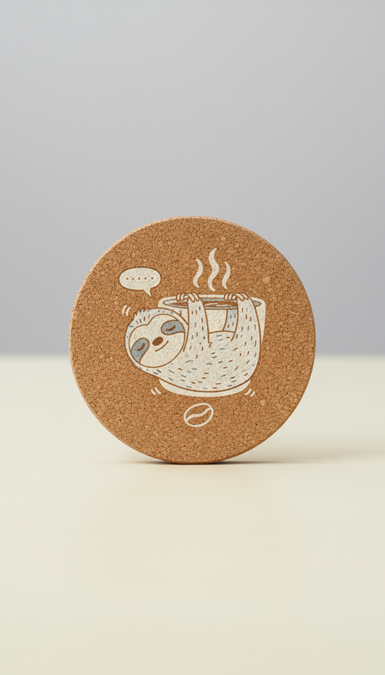 Humorous cork coaster, Use a slight overhead angle (around 45 degrees) to capture the products in a natural tabletop...