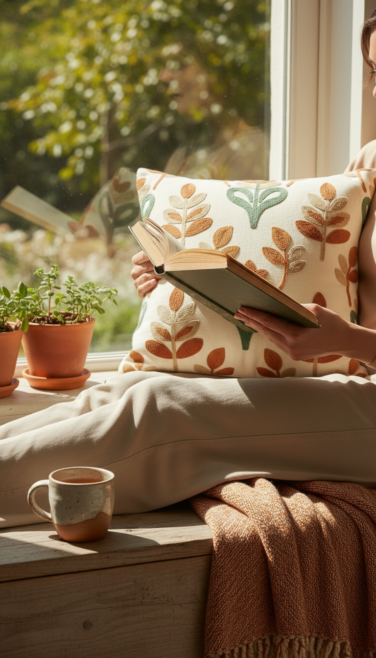 Embroidered Cotton Throw Pillow in use