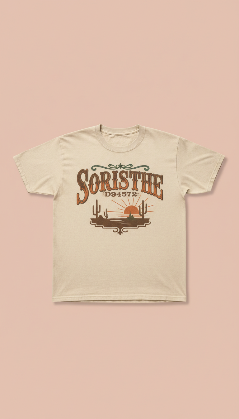 Vintage Western Lettering Tee, Default: 3/4 angle from slightly above product level, with garments laid flat on a cream or...