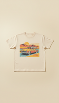 Station wagon roadtrip tee, Hero product shots are shot at 3/4 angle on torso mannequins or laid flat on textured picnic...