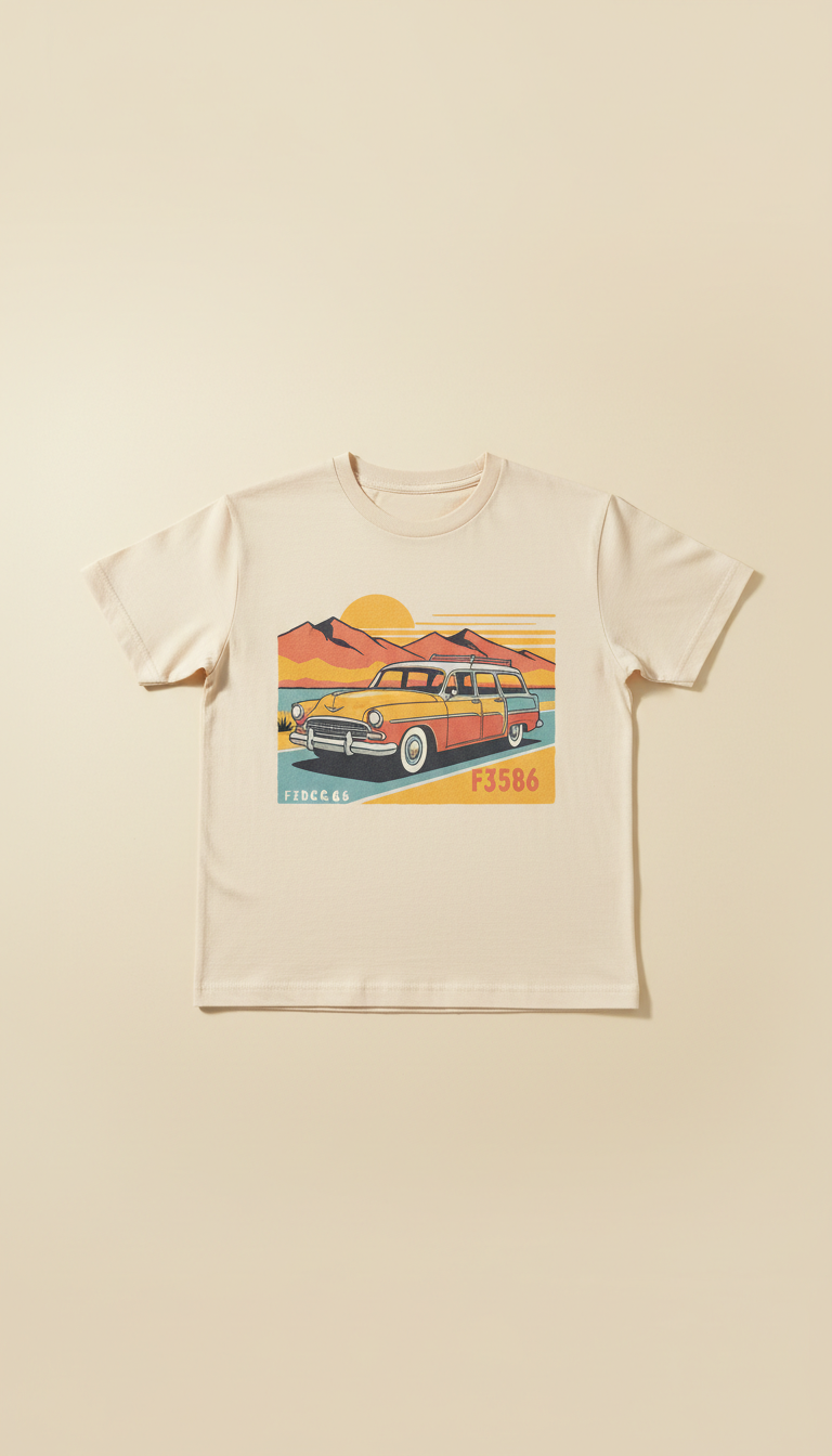 Station wagon roadtrip tee, Hero product shots are shot at 3/4 angle on torso mannequins or laid flat on textured picnic...