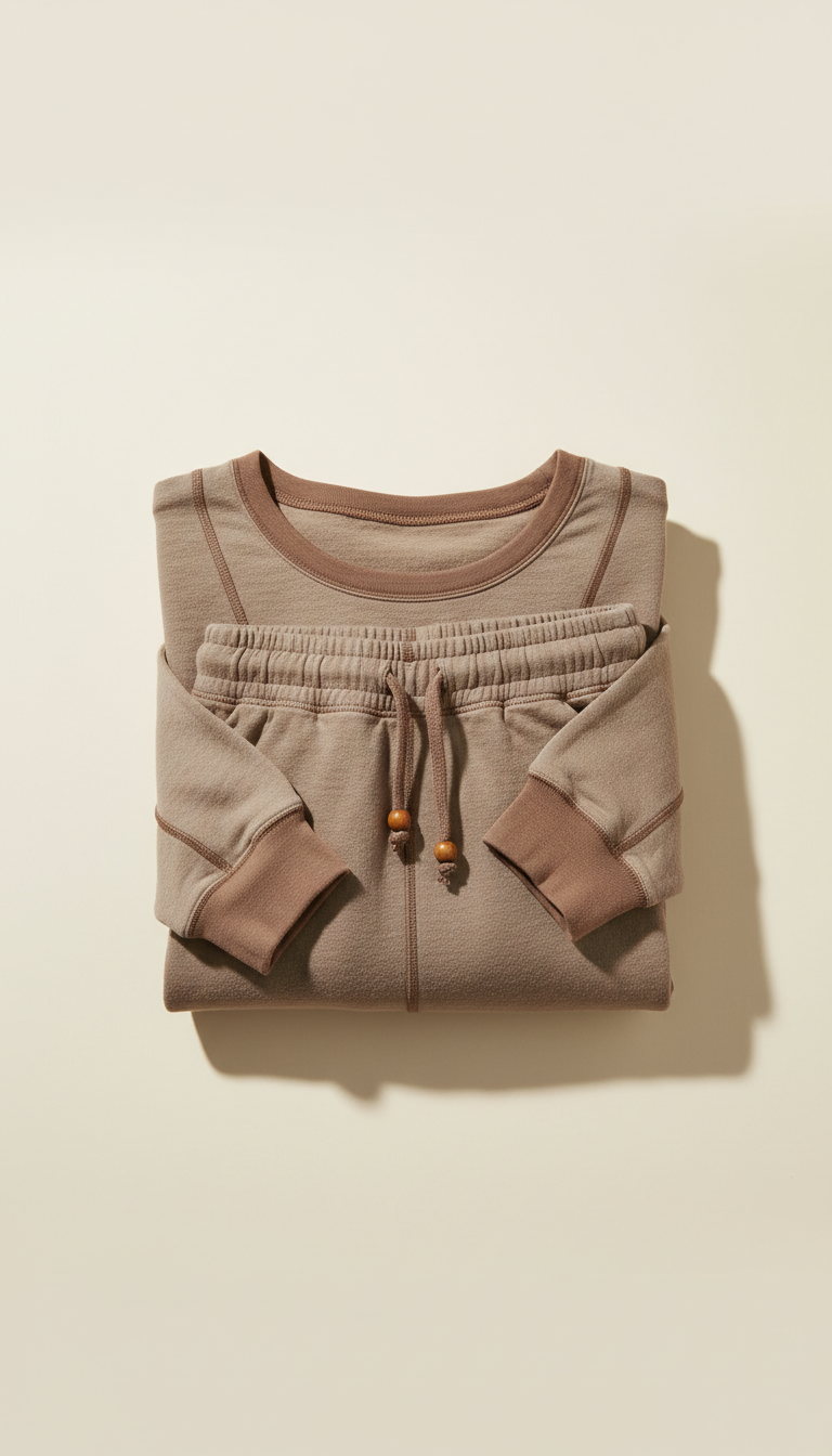Organic cotton lounge set, neatly arranged on a cream beige background. The soft, emphasizing the craftsmanship and...