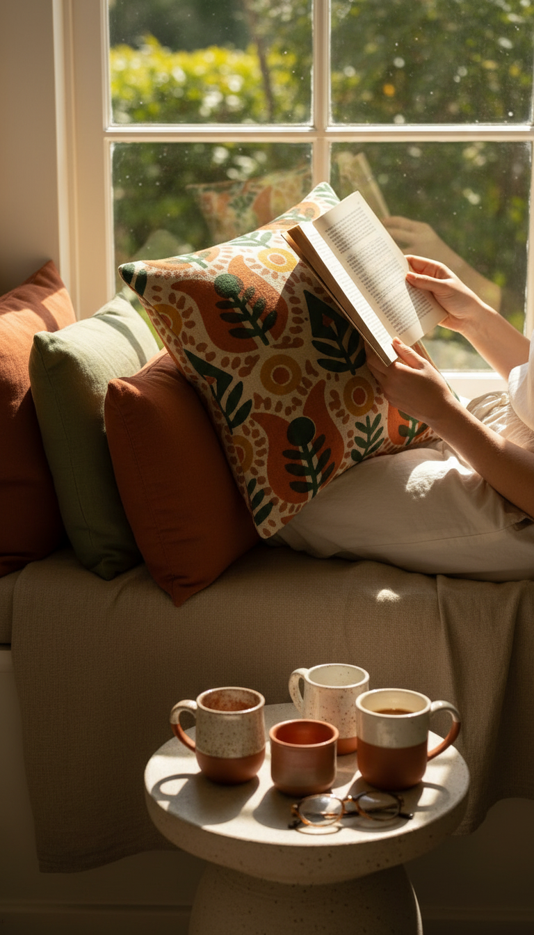 Hand block-printed geometric cushion cover in use