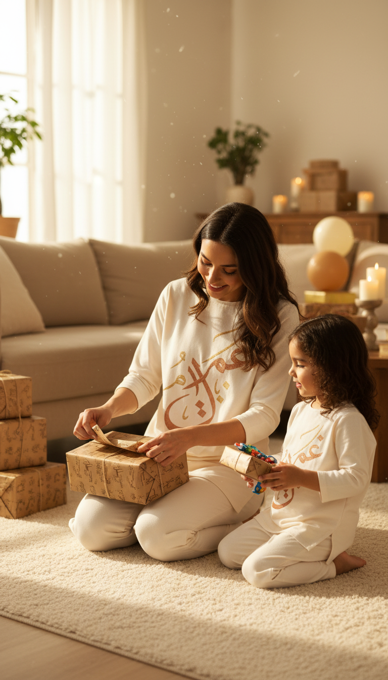 Cream Parent-Child Matching Set with Arabic Detail in use