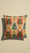 Hand block-printed cushion cover, Default angle is straight-on or 3/4 overhead for flat textiles (e.g., bed sheet sets...