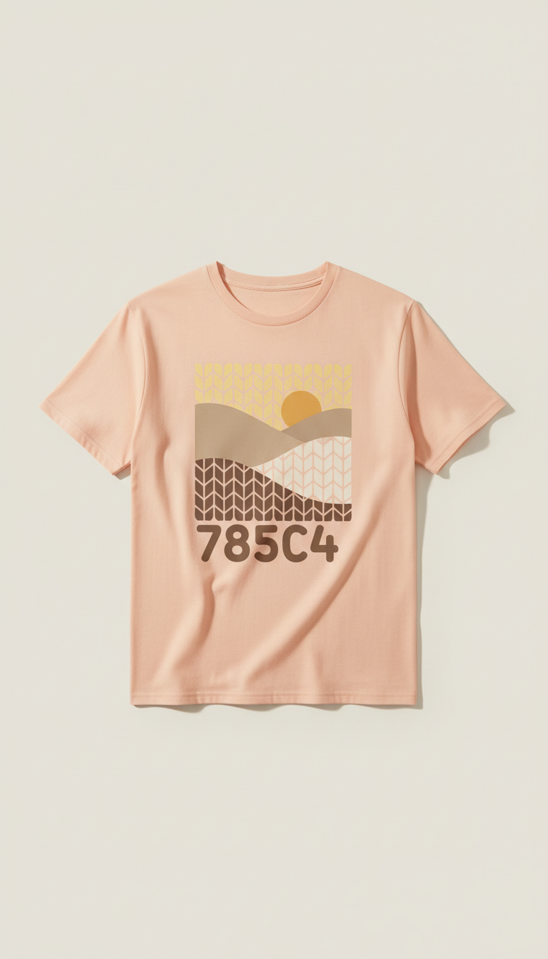 Peach Fuzz holiday graphic tee, Default: 3/4 angle product laydown on textured linen or raw wood surface in Soft Sand or...