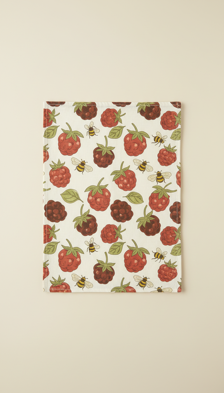 Berry and bee patterned cotton tea towel, Primary angle is straight-on or overhead (for flat-lay sets), focusing on one...