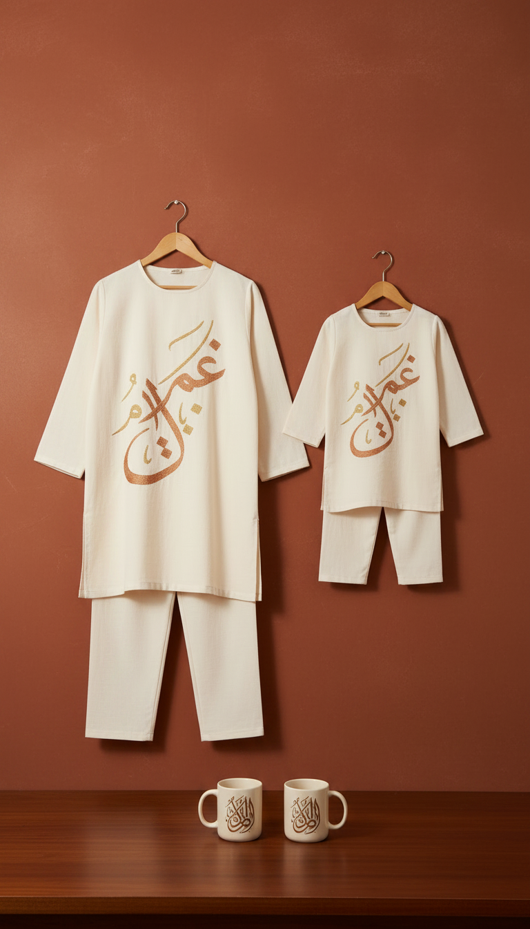 Cream Parent-Child Matching Set with Arabic Detail in a new setting