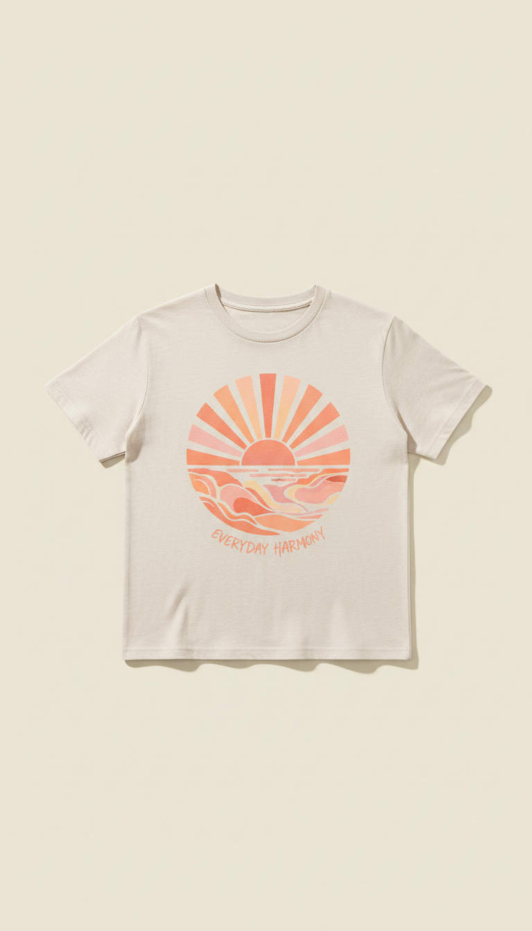 A straight-on, perfectly centered shot of the Peach Glow graphic tee from Everyday Harmony. The tee is displayed against a...