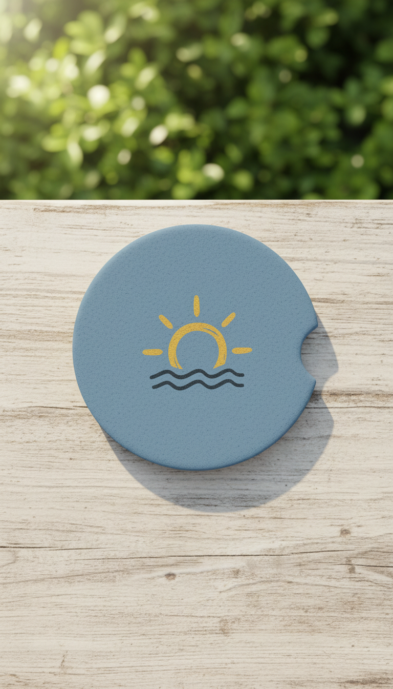 Porch Blue Absorbent Stone Car Coaster with Hand-Drawn Icon in a new setting