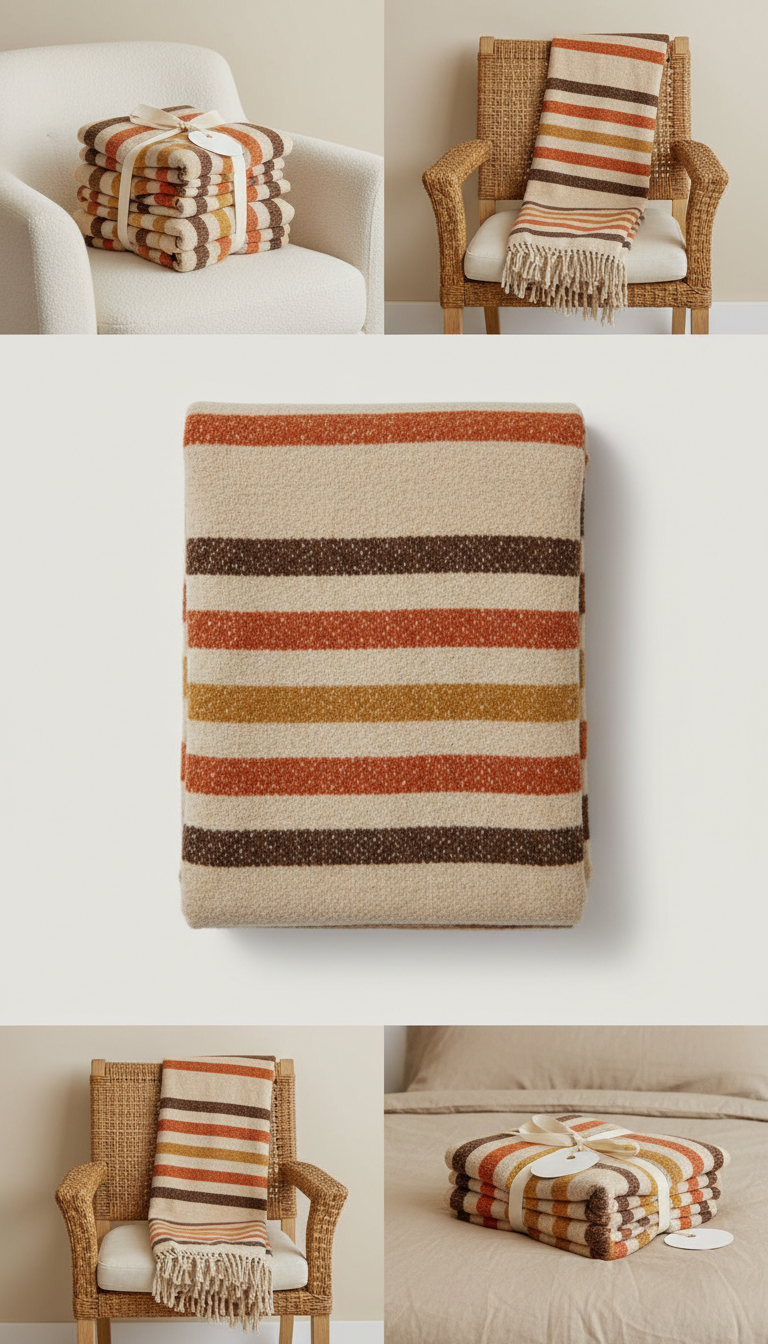 Burnt Maple Classic Stripe Blanket, 3/4 angle shots of folded and draped blankets on armchairs or at the foot of a bed;...