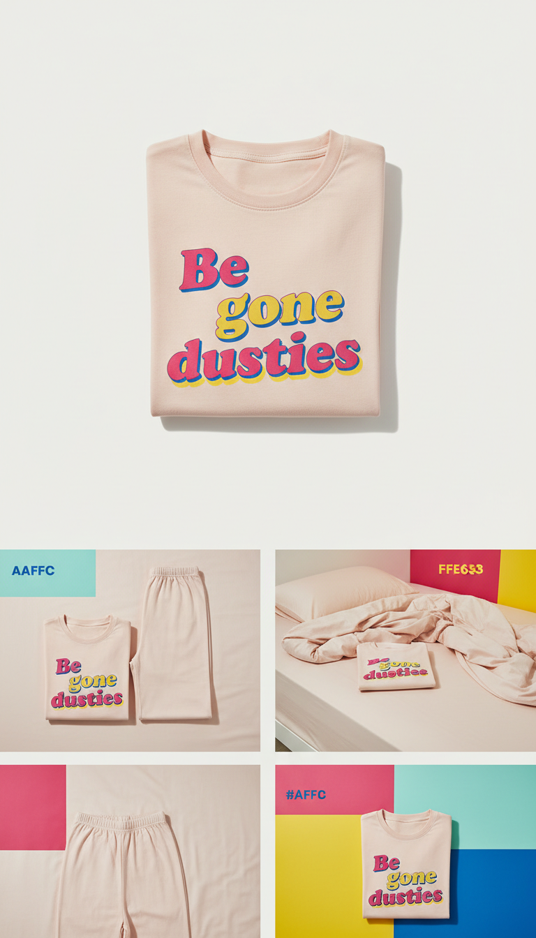 'Be gone dusties' graphic pyjama set, 3/4 angle product shots on beds with Creamy Blush sheets; pyjamas neatly folded with...