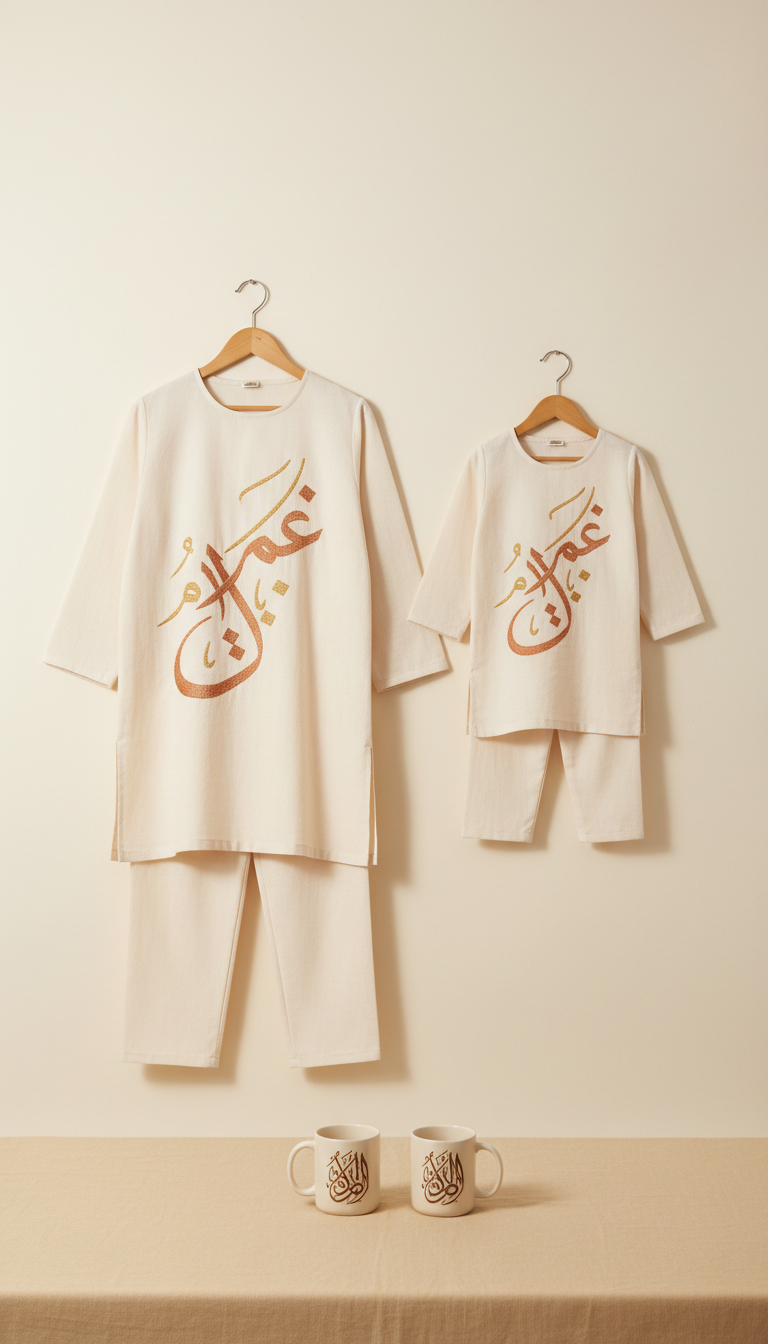 Cream matching set for parent and child with Arabic calligraphy detail, Three-quarter angle on apparel laid flat or hung...