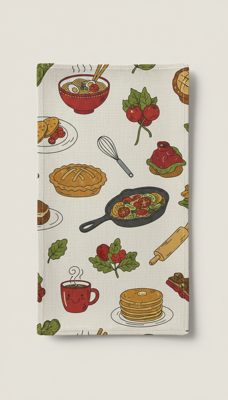 A Culinary Comfort tea towel with vibrant culinary-themed designs, shown in a straight-on front view against a soft...
