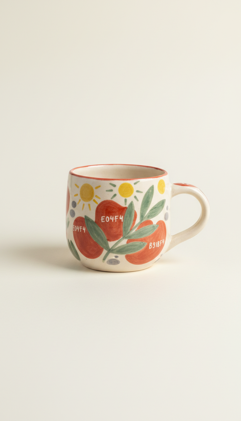 Hand-drawn motif ceramic mug, Default angle is straight-on or slight 3/4 for dimensionality; camera at product height for...