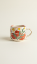Hand-drawn motif ceramic mug, Default angle is straight-on or slight 3/4 for dimensionality; camera at product height for...