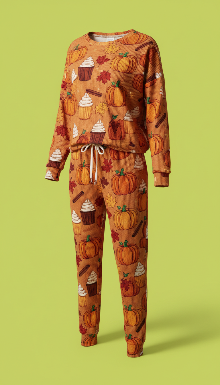 A product image featuring a Pumpkin Spice home wear set, perfectly centered against a solid Lime Zest background. Shot...