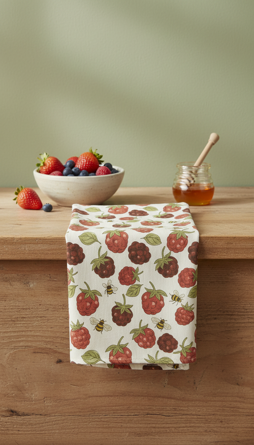 Berry and bee cotton tea towel in a new setting