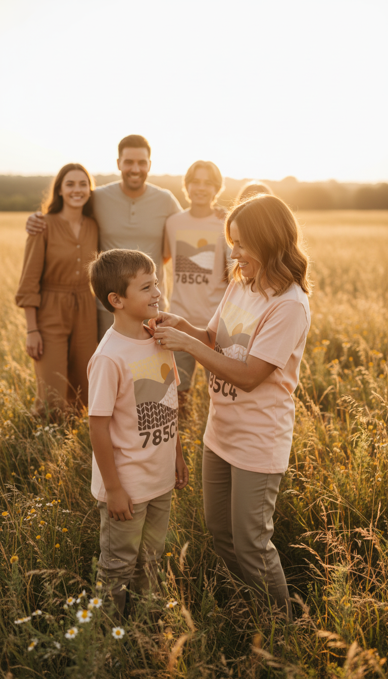 Peach Fuzz holiday graphic tee in use