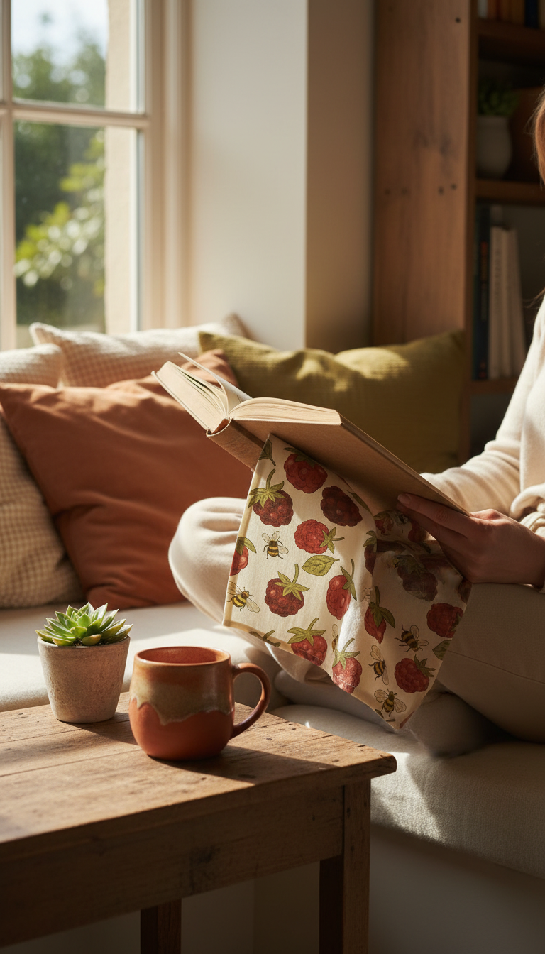 Berry and bee cotton tea towel in use